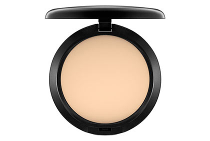 Mac Press Powder: An open, round black compact case showing light beige pressed powder.